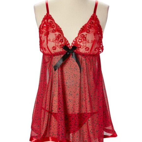 Spree Intimates Red Lace Heart Wireless Babydoll & Thong Set Size S - Picture 1 of 11